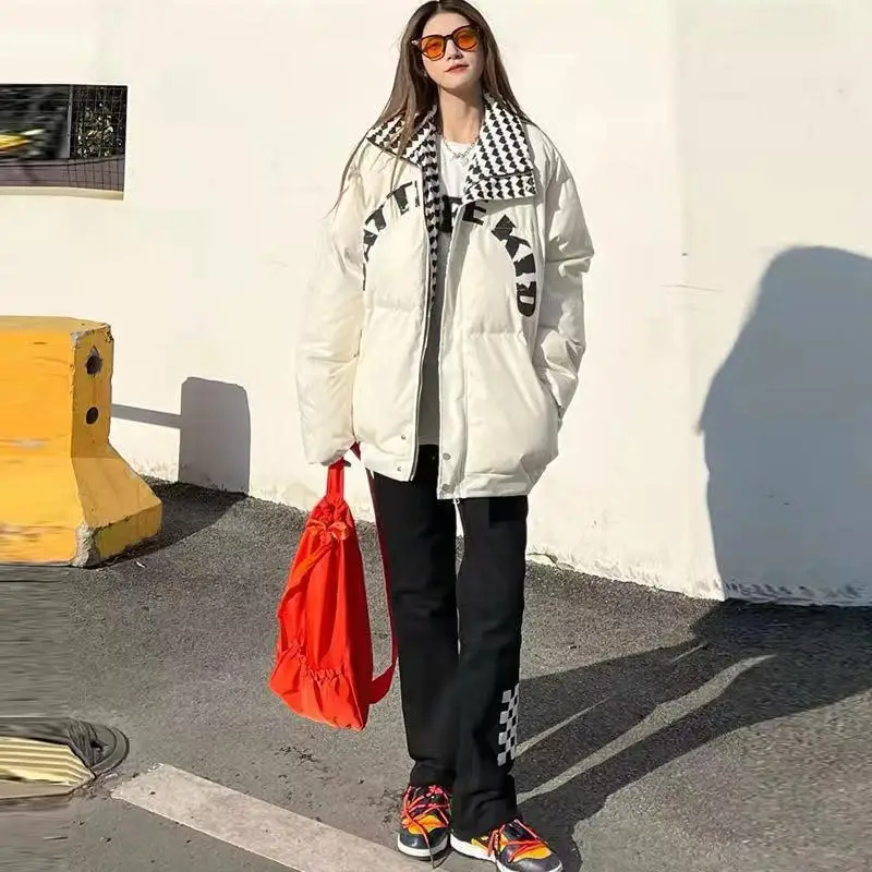 Casual Wild Solid Color Letter Printed Down Jacket Plus Velvet Thick Thick Warm Loose Simple Fashion Trend Down Jacket