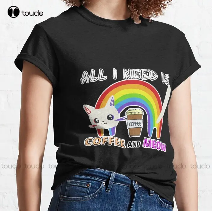 

New All I Need Is Coffee And Meow 3 Classic T-Shirt Cotton Tee Shirt White Tshirts Custom Aldult Teen Unisex Fashion Funny New