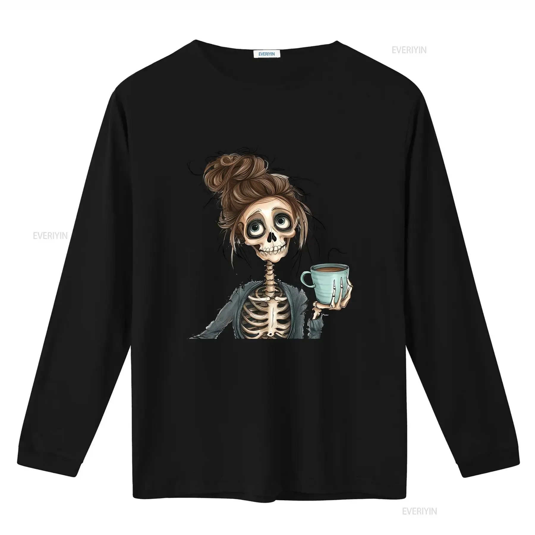 Фото Футболка Skeleton Coffee T Shirt SweaT Fall Halloween Lover в винтажном стиле с эффектом потертости, модная, с графическим принтом, уличная одежда, универсальная, слегка мягкая №3