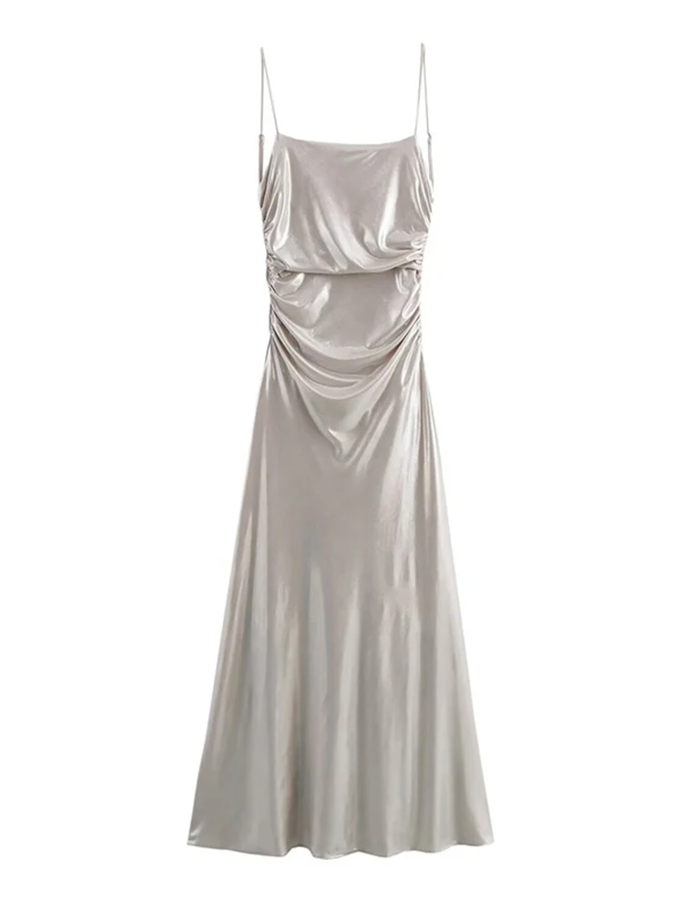 Металлическое платиновое платье с бретелькой на шее атласная текстура