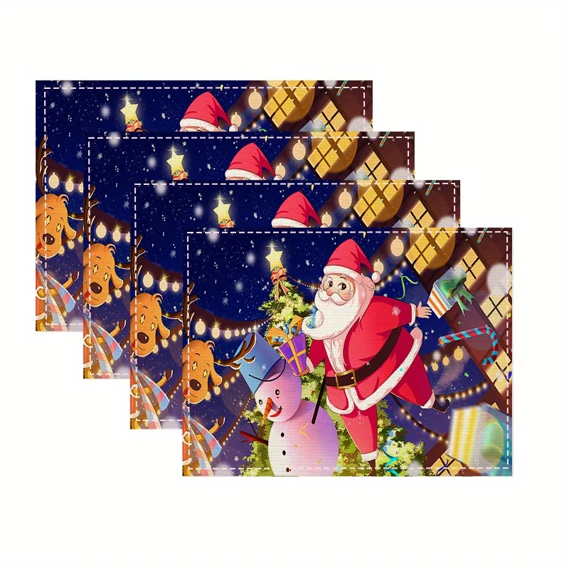 Набор из 4 праздничных рождественских льняных салфеток-Санта снеговик олень с