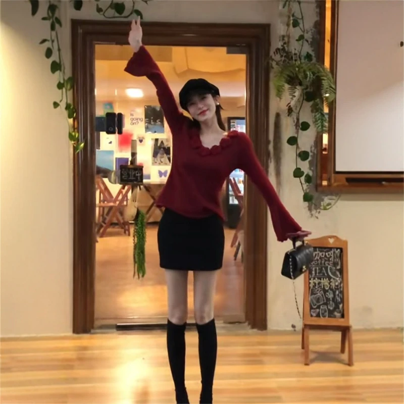 Korean Series Christmas Red V-neck Flower Sweater Women Autumn and Winter Inner wear Top Unique Chic Slim fit Bell Sleeve Knit
