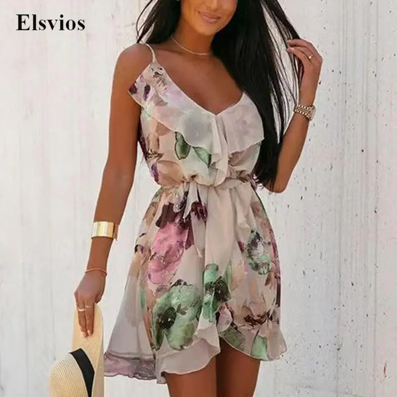 

Модное мини-платье с цветочным принтом и V-образным вырезом, соблазнительное женское шифоновое платье на бретельках, летнее повседневное пляжное платье без рукавов на шнуровке