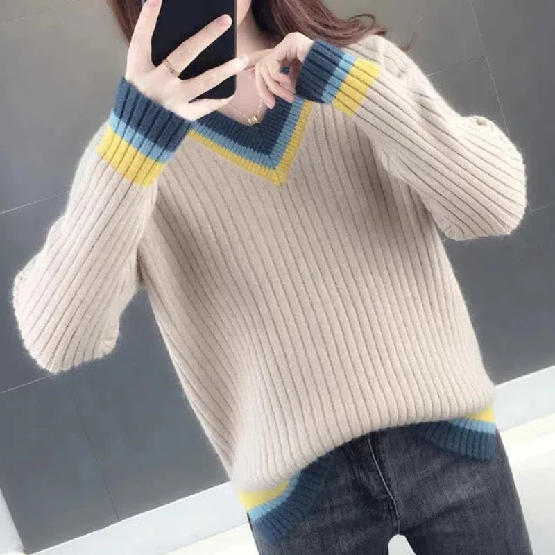 Офисная женская одежда осенне-зимний свитер с v-образным вырезом вязаный пуловер