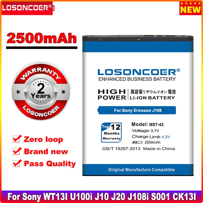 

LOSONCOER 2500mAh BST-43 BST43 For Sony Ericsson WT13I U100i J10 J20 J108i S001 CK13I Battery