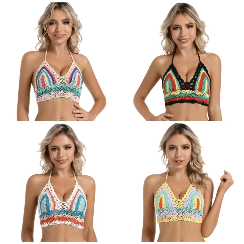 Женский вязаный крючком купальник с воротником-халтер топ регулируемой завязкой