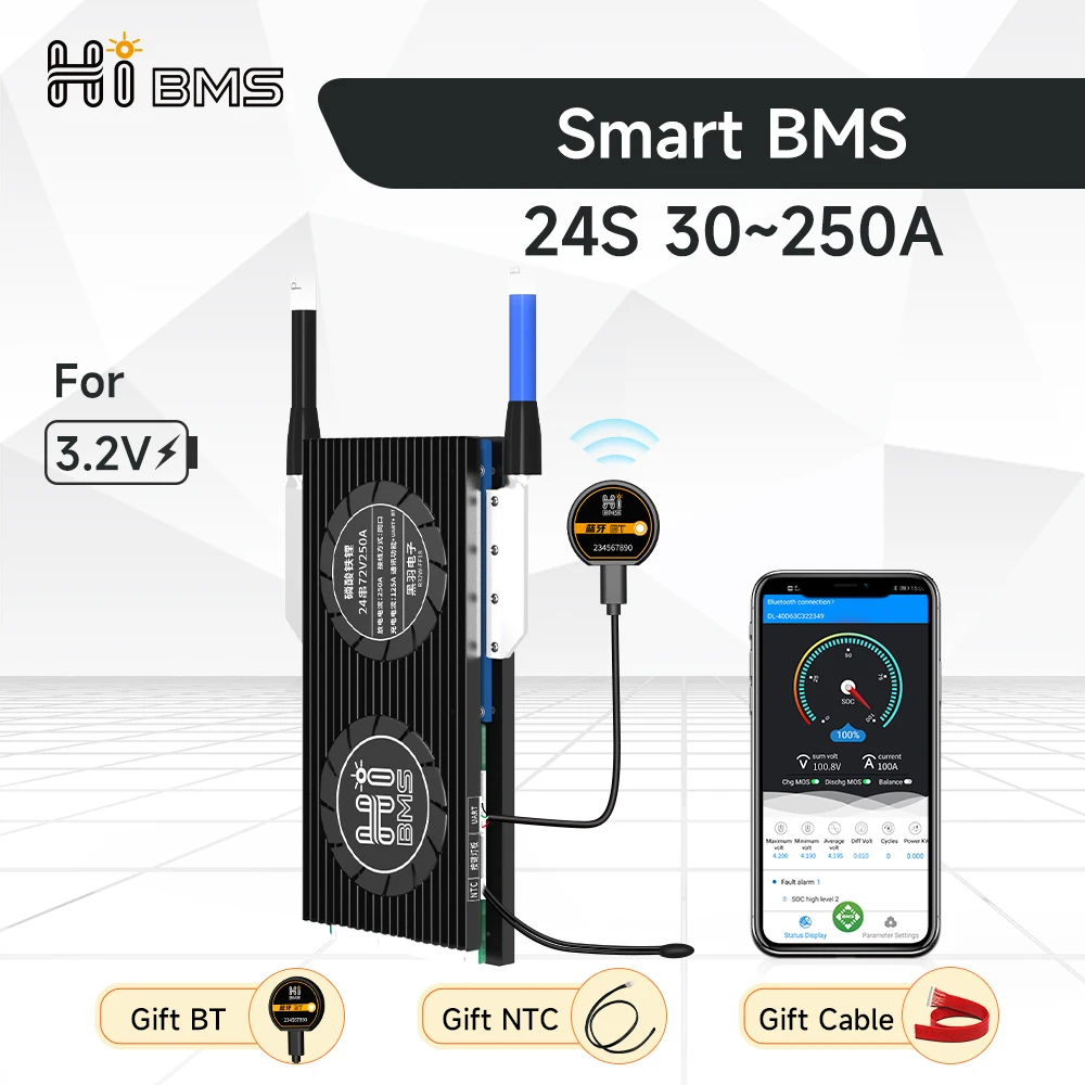 Аккумуляторная батарея hibms Smart bms Lifepo4 24S 72V 30A 40A 60A 80A 100A 120A 150A 200A 250A Bluetooth 18650 с балансирующим внешним аккумулятором для электровелосипеда