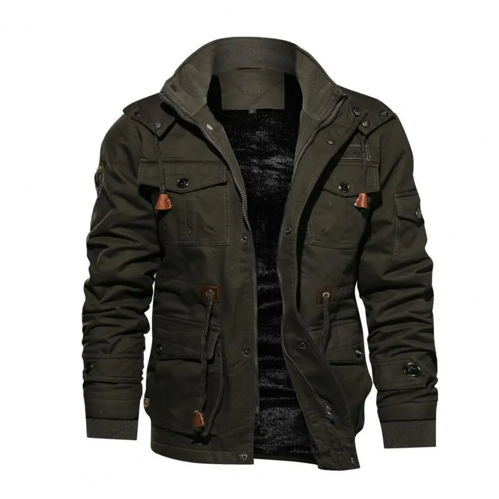 

Флисовая ветрозащитная куртка в стиле милитари, мужская зимняя куртка оверсайз с несколькими карманами и застежкой-молнией на пуговицах для работы для мужчин