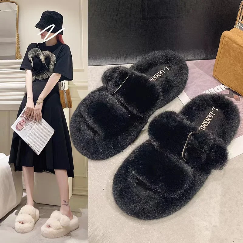 Shoes for Women 2023 New Fluffy Fur Slippers Women Winter Warm Solid Color Versatile Lovely Casual Footwear Soft Chinelos Planos