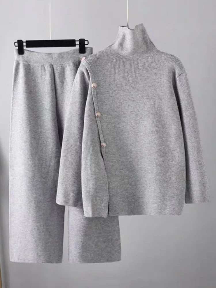 

Повседневный вязаный комплект, свободный свитер с высокой горловиной + широкие брюки с высокой талией, комплект из двух предметов, новинка 2023, модная женская одежда