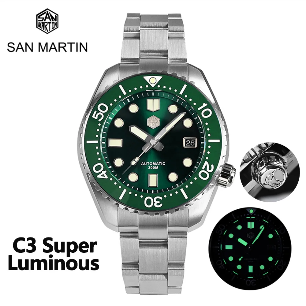

San Martin Diver MM300 NH35 Men Automatic Mechanical Watches Luxury Sapphire Ceramic Bezel 30Bar C3 Luminous Date Window Watch