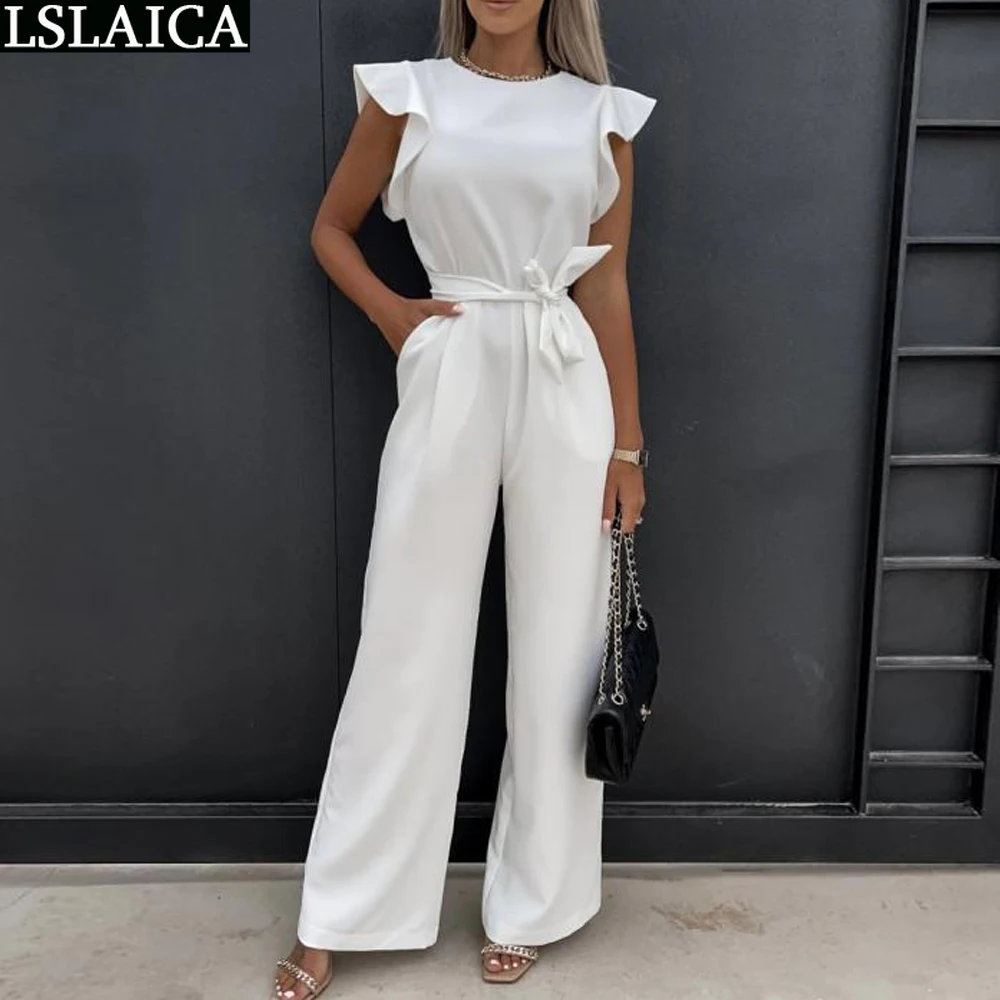 

Women's Summer Jumpsuits Casual Sleeveless Jumpsuit Solid Color Lace-up Waist Retraction Rompers Long Pant Elegant Bodysuit 2022