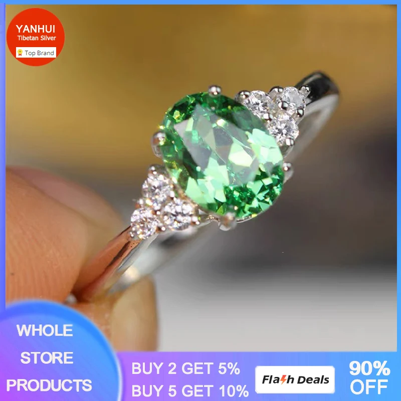 

YANHUI Allergy Free Women's Created Emerald Rings Original Tibetan Silver Jewelry With Oval Cut 5A Royal Green Olive Zircon Ring