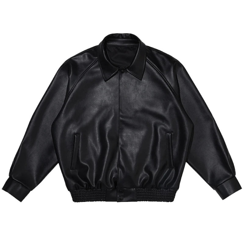 

Mauroicardi Autumn Casual Oversized Black Pu Leather Jacket for Men Style Raglan Sleeve Turndown Collar Loose Korean Fashion