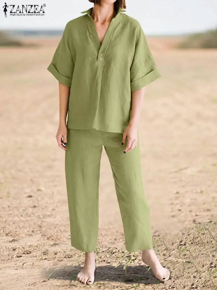 

ZANZEA Women Matching Sets Casual Short Sleeve Lapel Blouses Pants 2PCS Fashion Solid Tracksuits Female Holiday Outift Oversized