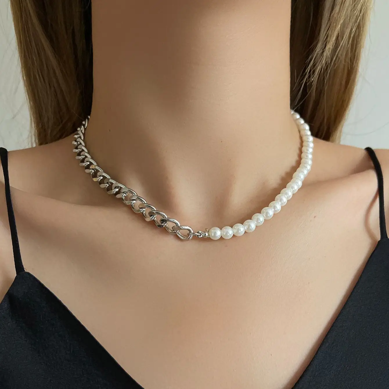 

Stillgirl 1Pc Punk Pearl Necklace for Women Vintage Silver Color Beaded Chain Geometric Emo Couple Grunge Jewelry Collar Hombre