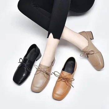 2023 Today Platform Shoes Women Genuine Cow Leather Square Toe Lace Up Closure Thick Sole Ladies Derby Dress Shoes Handmade 1
