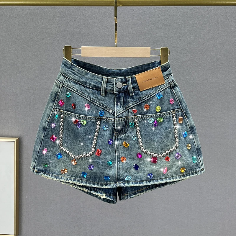 Denim Shorts Women's Culotte 2023 Spring Summer New High Waist Exquisite Rhinestone Wide Leg Short Pants Booty Shorts Female