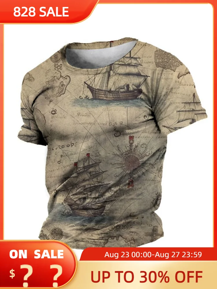 

Vintage T-Shirt For Mens 3D Compass Print Short Sleeve Tops Fashion Street Ship Graphic T Shirt Oversized Tee Shirt Men Clothing