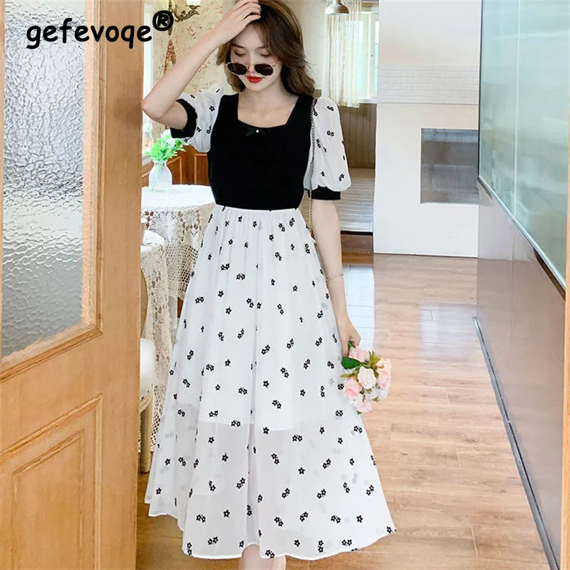 

2022 Summer Vintage Floral Patchwork Chiffon Square Collar Puff Sleeves A-line Dress Korean Elegant Fashion Slim Dress For Women