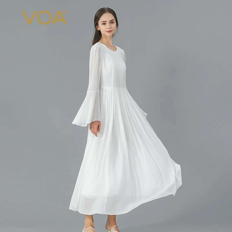 

(Fans Exclusive Discount) VOA White Double Layer Georgette Silk O-neck Flared Long Sleeves Lace Up Sweet Dress Women AE1712