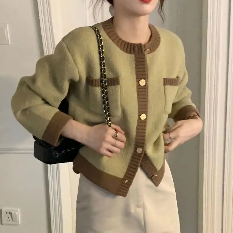 

Кардиганы на пуговицах для женщин, новинка 2023, вязаный свитер с карманами, женская зимняя одежда с длинным рукавом, женская трикотажная одежда в Корейском стиле в стиле пэчворк