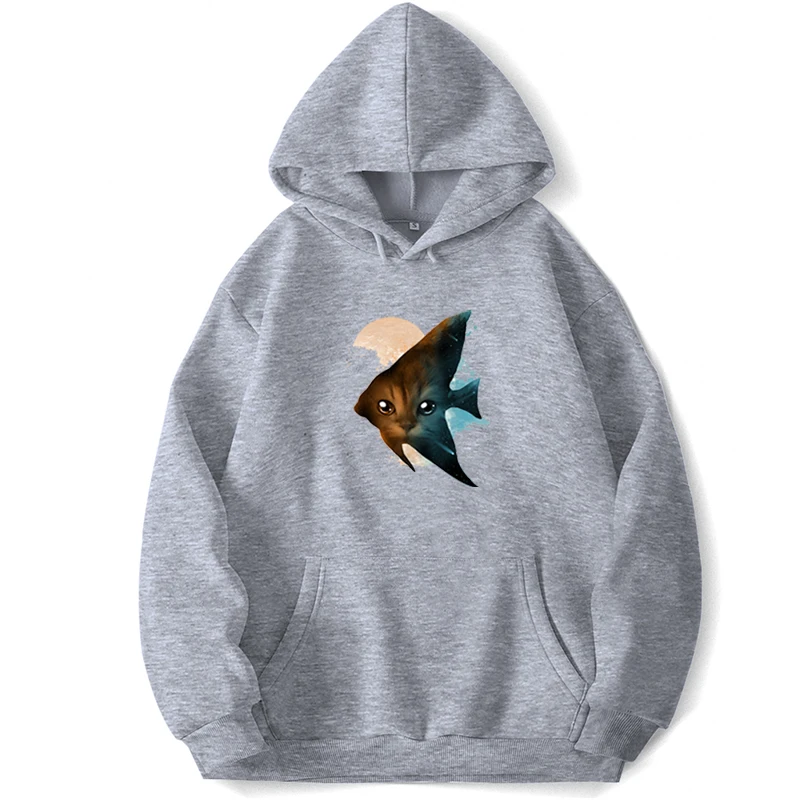 Cat Kawaii Fish Funny Hoodie Sweatshirts Hooded Pullovers  Hoodies Outdoor Warm Fleece Wnter Autumn Jumper Clothes Men