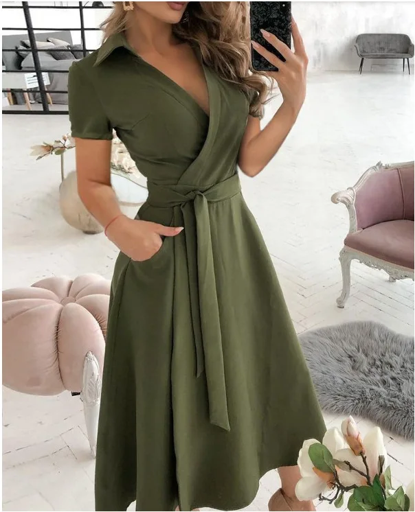 

Women Elegant Sexy Off Shoulder Party Dress 2022 Summer Tie-Up A-Line Dress Lady Casual V-neck Pocket Dress Vestido