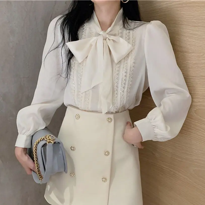 

HziriP White Bow Spring 2022 Shirts Women Lady Office Wear Streetwear Loose All Match Sweet Hot Sale OL Casual Tops Blouses