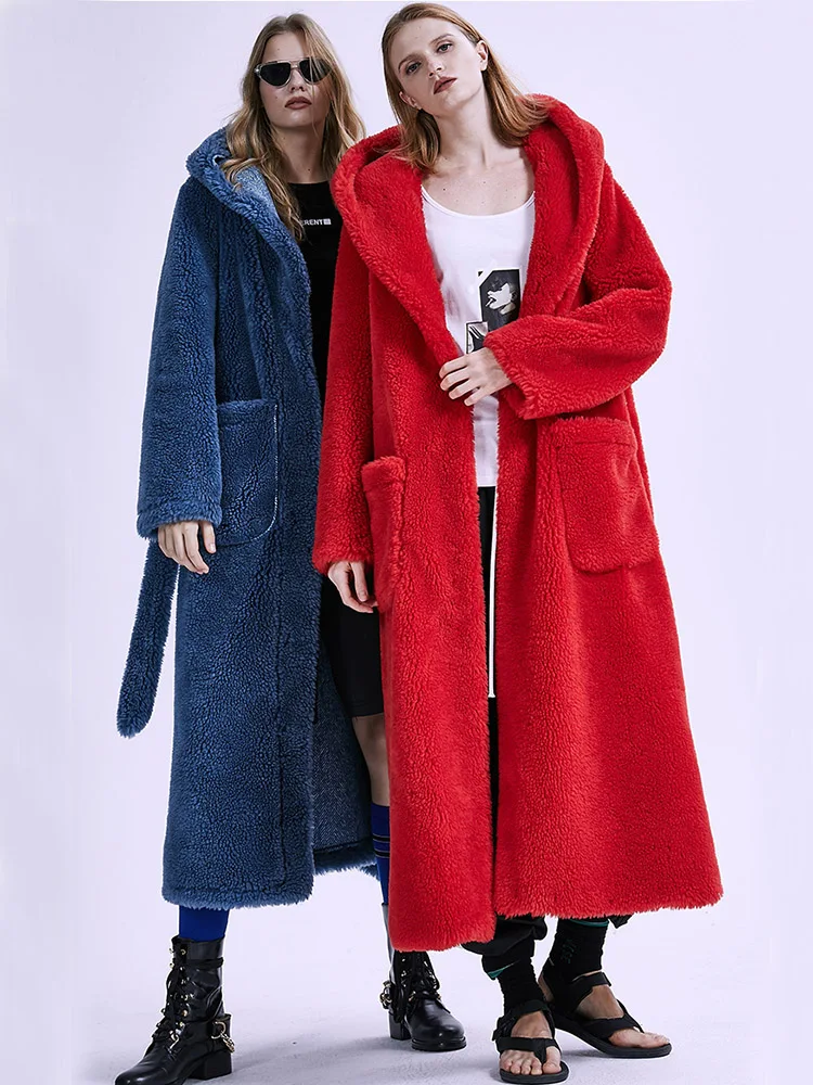 New 2022 Winter Long Fur Coat Women Hooded Thick Warm Plush Overcoat Female Elegant Fashion Faux Fur Jacket Outerwear Red Blue