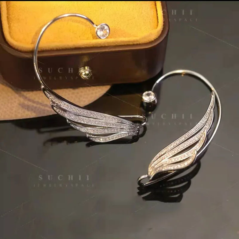 ZDMXJL Hot Sale Wings Feather Ear Stud Cuff Women's Earrings Fine Zircon Bones Clip for Lady Jewelry Gifts Drop-shipping |