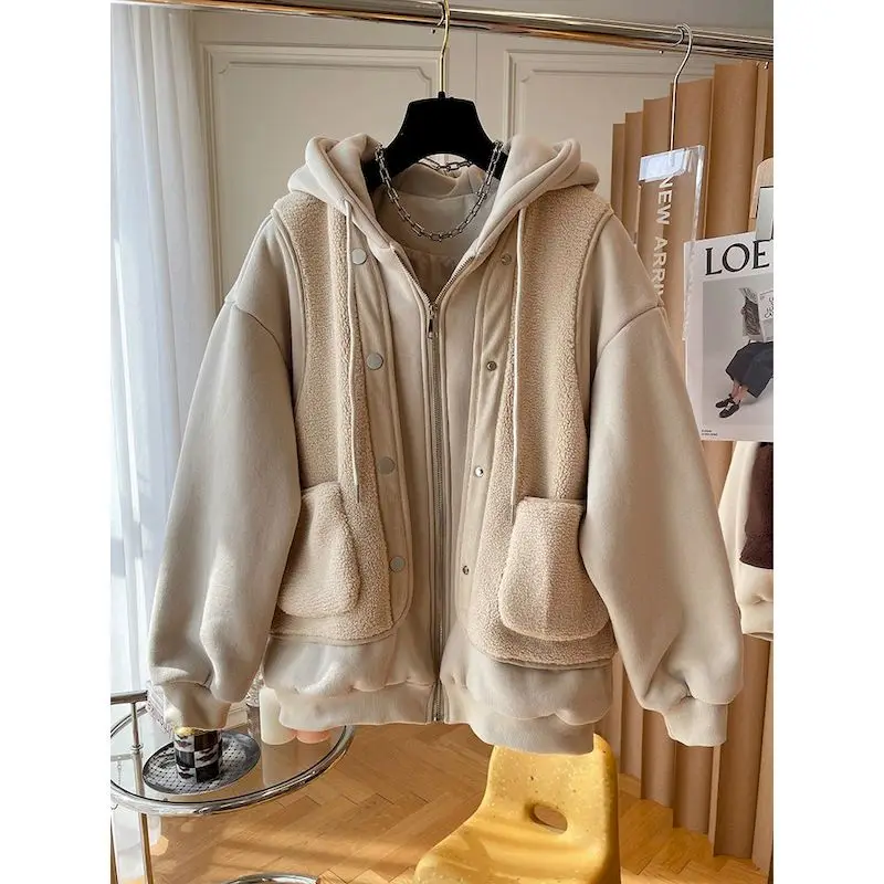 

Женские толстовки большого размера, трендовые пальто с капюшоном из овечьей шерсти в стиле пэчворк, куртка на молнии, Свободный Повседневный плюшевый топ из двух предметов