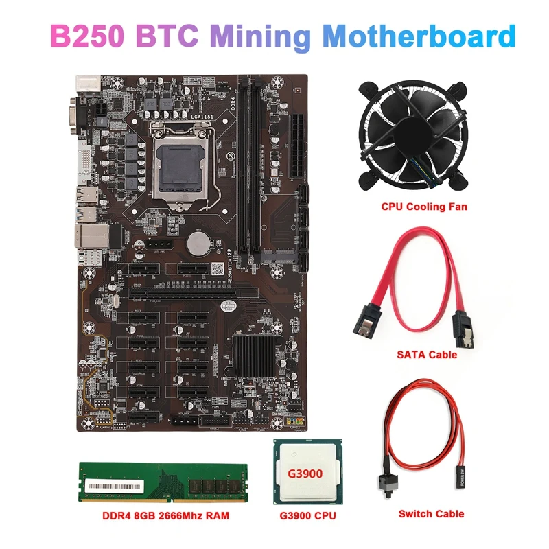 

Материнская плата B250 BTC для майнинга USB3.0 LGA1151 с кабелем SATA + коммутационный кабель + процессор G3900 + охлаждающий вентилятор + DDR4 8 Гб 2666 МГц ОЗУ