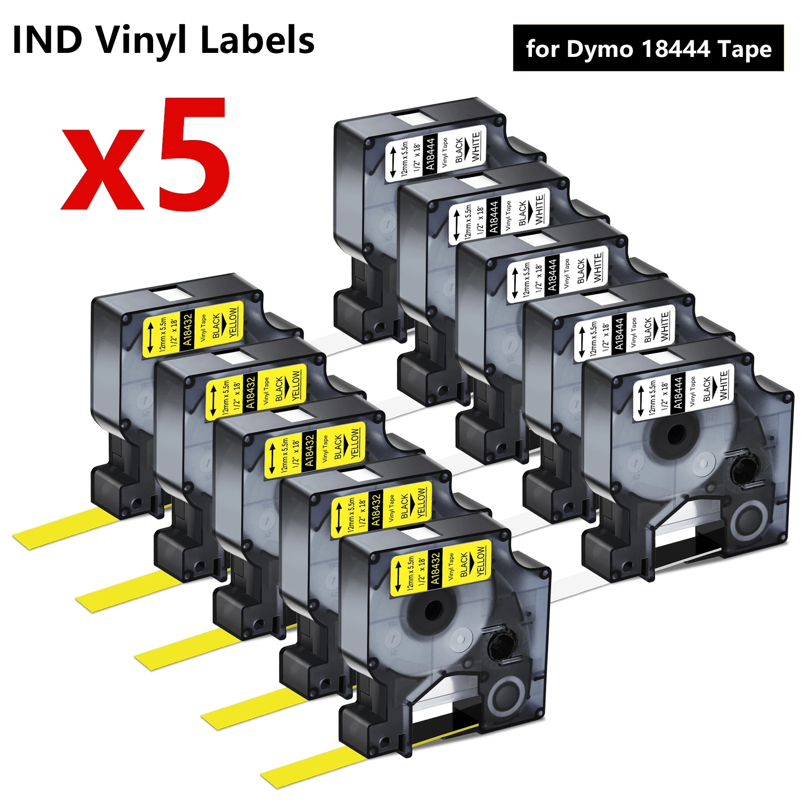 Фото 5/10PK 9 мм 12 мм 19 мм Совместим с Dymo IND A18444 S 0718600   Замена виниловых лент для этикеток для Dymo Rhino 1000 4200 6000 №1