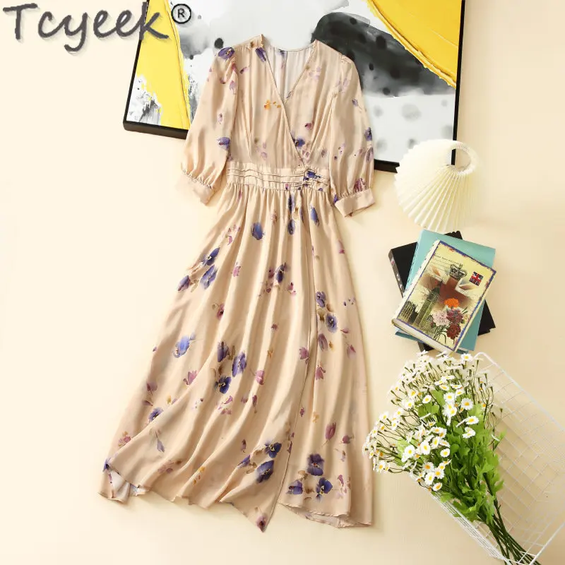

Летние платья с принтом Tcyeek 2023, элегантная женская одежда из 100% шелка тутового шелкопряда, высококачественные женские платья, платья для женщин