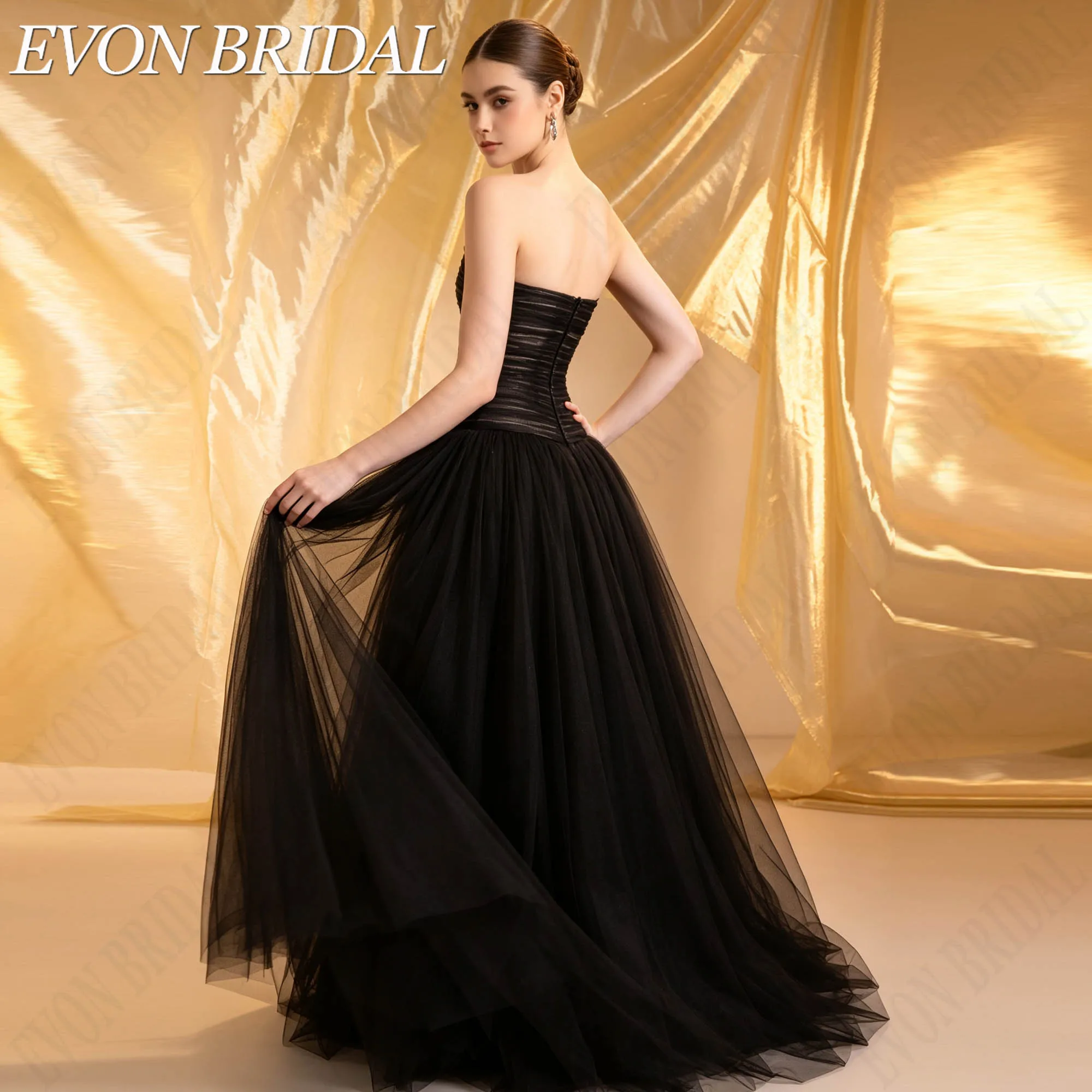 Фото EVON BRIDAL Бесрукавный Банд топ С Горизонтальными Складками Из Тюля Многослойный Легкий Черный Тюль Длинная Очень Широкая А-Линия Юбка Платья С Молнией На Спине Сделанные На Заказ На Официальные Вечерние Мероприятия №3