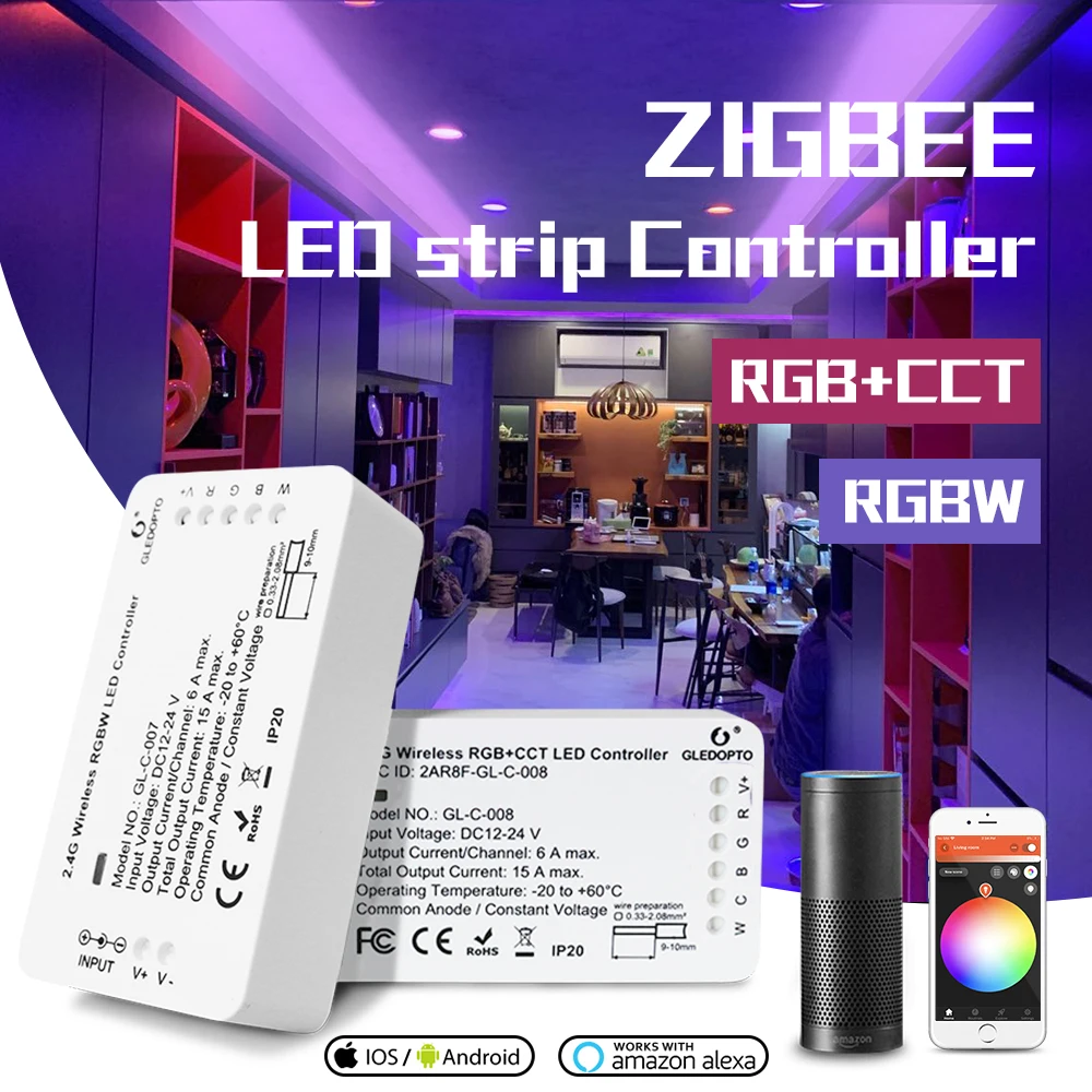 

GLEDOPTO ZigBee 3.0 DC12-24V RGB+CCT RGBW WWCW ZigBee Smart LED Strip Controller Voice Control Work with Echo Plus SmartThings