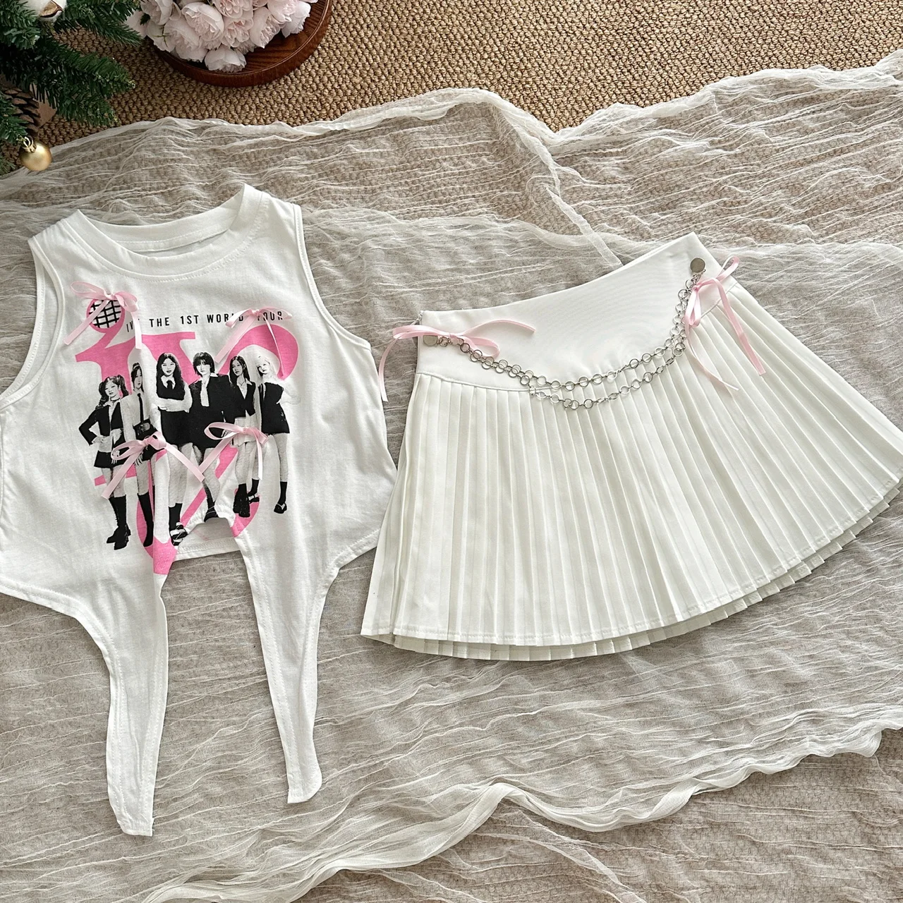 Летний женский милый костюм Zhang Yuanying белый жилет с принтом Женский бандажный