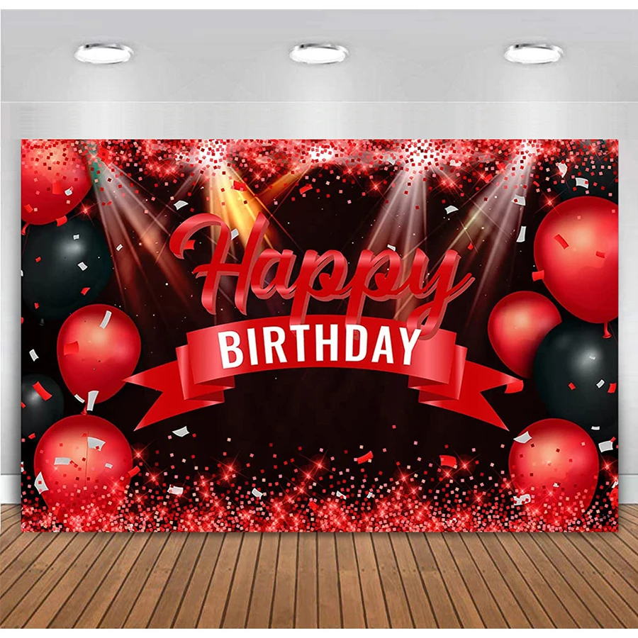 

Customized Birthday Backdrop Red and Black Spotlight Sequins Party Banner Photography Background for Girls Boys Women Men Booth