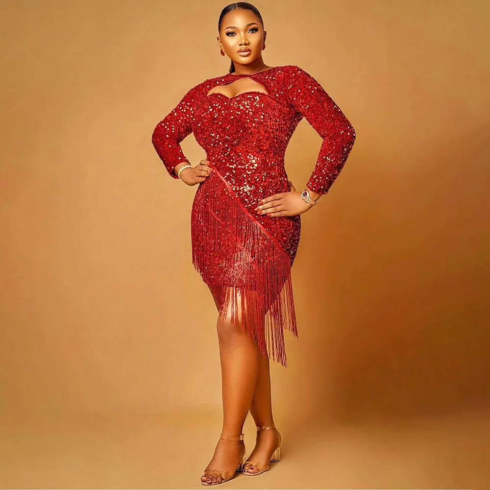 

African Dresses For Women Long Sleeve Turkey Sequin Evening Wedding Party Tassels Dress Muslim Africa Clothes 2023 Spring