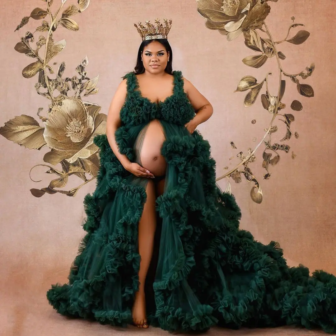

Dark Green Maternity Dresses Layered Ruffle Tulle Photoshoot Gown for Women Baby Shower Dress Charming Vestidos