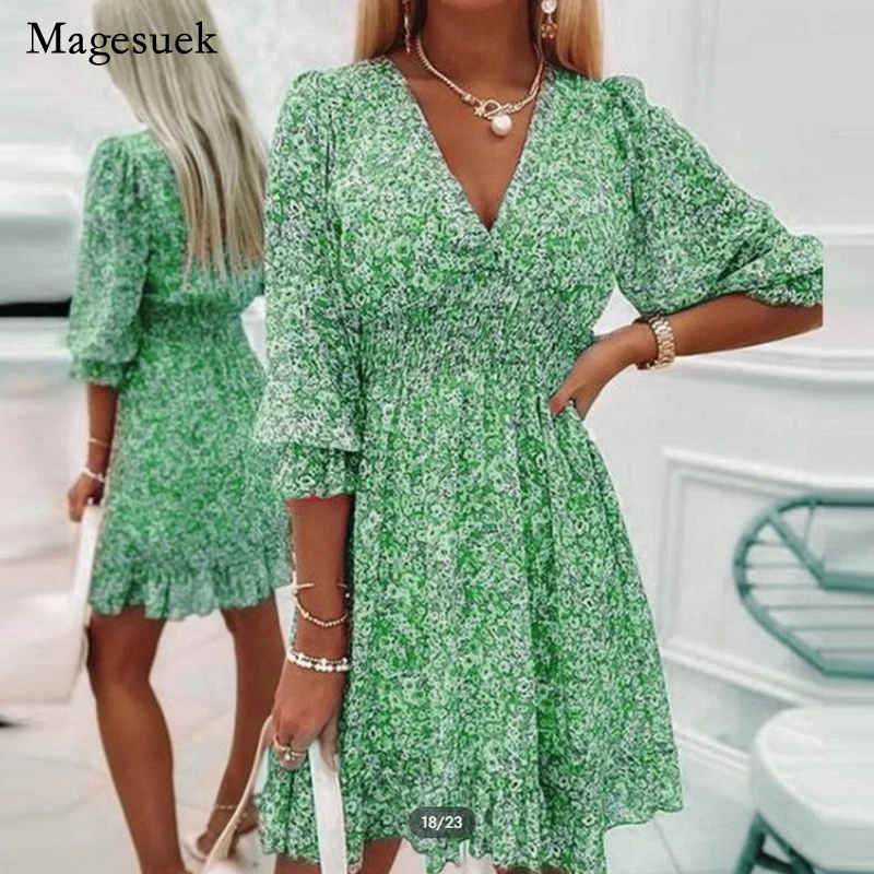 

Summer Puff Sleeve Middle Waist Floral Dress for Women Pullover Short Sleeve Boho Dress Elegant A-Line Dress Vestidos Robe 22191