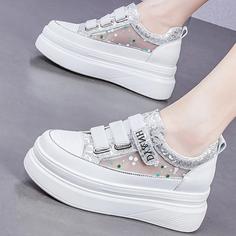 7.5CM Chunky Sneaker 2023 Fashion Air Mesh Hook&Loop Female Breathable Hidden Heels Casual Women Vulcanize Platform Woman Shoe