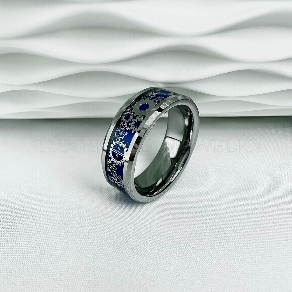 

Tungsten Couple Ring 6mm 8mm For Men Women Beveled Edge Gear Purple Dark Sky Blue Carbon-Fiber Inlay Polished Finish Comfort Fit