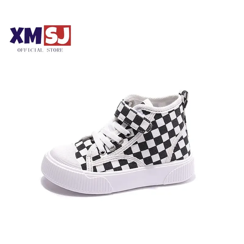 

Girls Canvas Shoes Child Versatile 2023 New Four Seasons Korean Checkerboard Round-toe Boys Kids Fashion High-top Casual Shoes