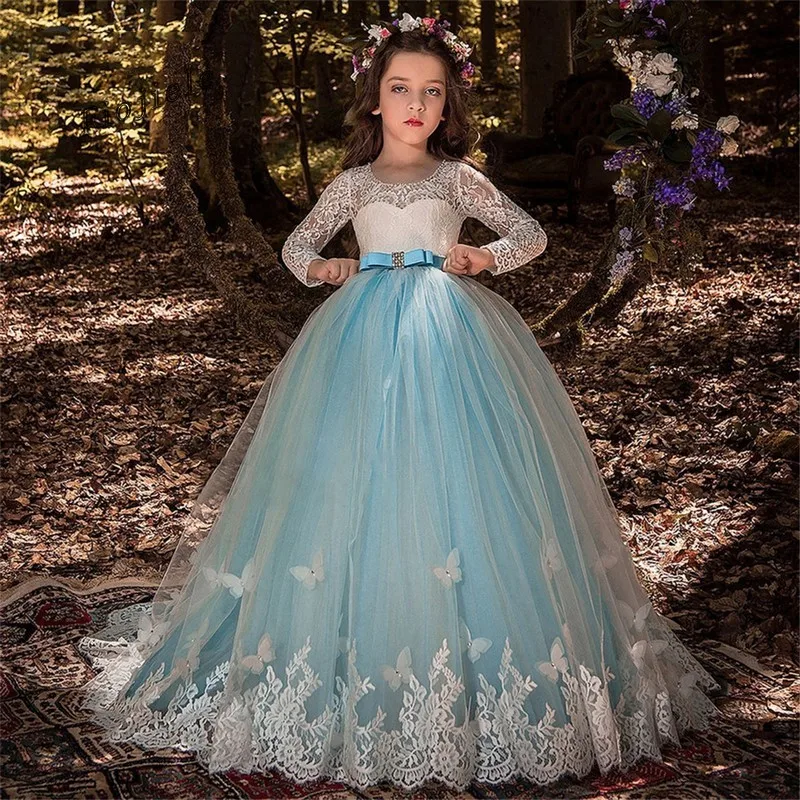 

Ivory And Blue Long Sleeve Formal Occasion Flower Girl Dress Wedding,Birthday,First Communion,Pageant,Party