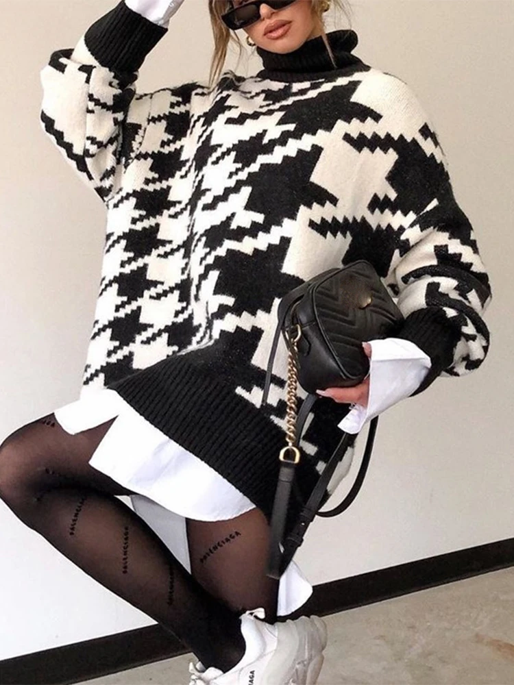 

2023 Autumn Winter Oversized Sweater Dress Women Turtleneck Black Casual Long Sleeve Knit Mini Houndstooth Sexy Party Dresses