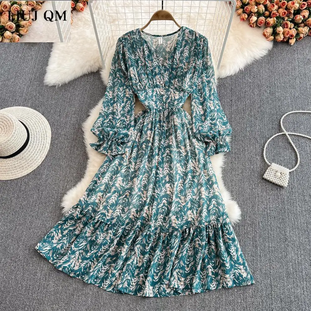 

Платье женское шифоновое средней длины, с V-образным вырезом и длинным рукавом-фонариком