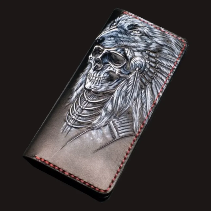 

Handmade Wallets Carving Skeleton Dragon Warrior Purses Men Long Clutch Vegetable Tanned Leather Wallet Card Holder