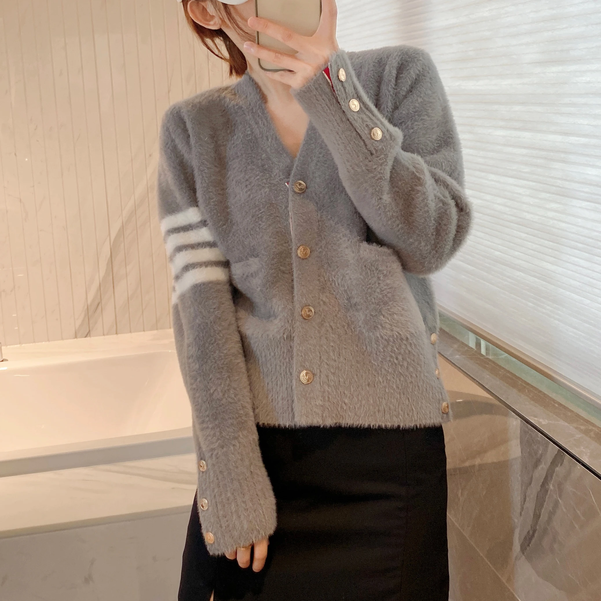 TB High Quality Korean Fashion Women's Gold Button Imitation Mink Velvet V-neck Four Bar Knitting Cardigan Coat